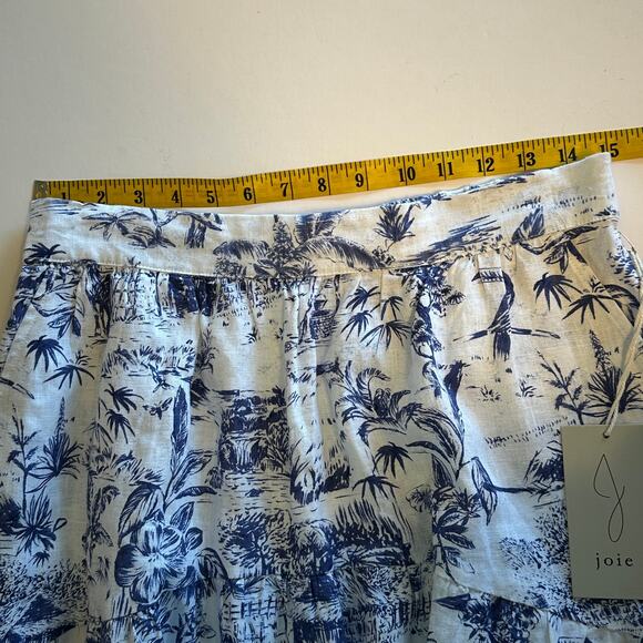 Joie Linen Midi Skirt Womens Medium White Blue Pull On Beachy Tropical Floral - Picture 9 of 10